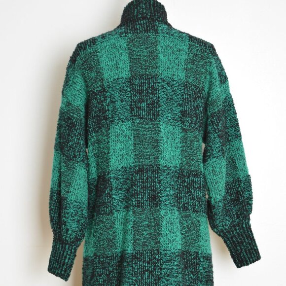 vintage 80s cardigan sweater coat green black buffalo plaid chunky oversized - Picture 7 of 9